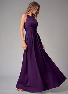 Azazie Bonnie Bridesmaid Dresses Grape A-Line Pleated Stretch Satin Dress image4