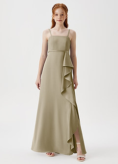 Azazie Kaylee Junior Robe Trapèze en Satin extensible avec ceinture Vert Mousse image3