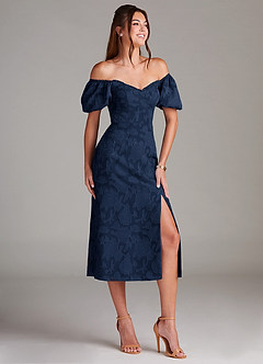 Azazie Evalina Vestidos de damas de honor Vestido de Azul Marino Oscuro de Devorado Floral de Corte Recto image3