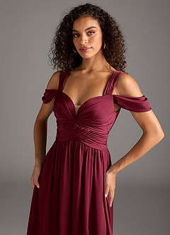 Azazie Lianne Bridesmaid Dresses Burgundy A-Line Off the Shoulder Stretch Satin Dress image2