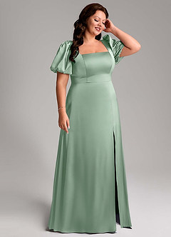 Azazie Fyona Bridesmaid Dresses Agave A-Line Pleated Stretch Satin Dress image13