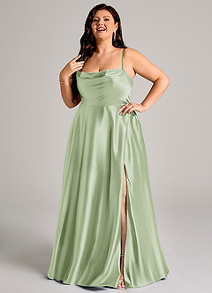 Azazie Elle Bridesmaid Dresses Dusty Sage A-Line with Pockets Metallic Satin Dress image9