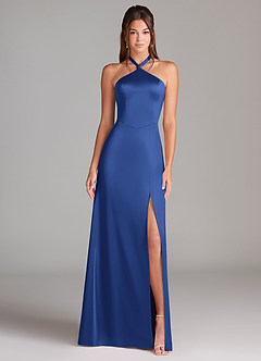 Azazie Elliana Bridesmaid Dresses Royal Blue A-Line Side Slit Stretch Satin Dress image5