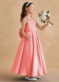 Azazie Honey Bear Flower Girl Dresses Coral A-Line Pleated Matte Satin Dress image2