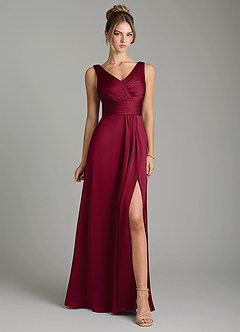 Azazie Karina Bridesmaid Dresses Burgundy A-Line Pleated Stretch Satin Dress image6