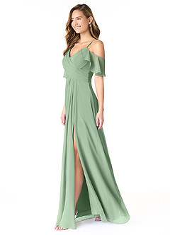 Azazie Dakota Vestidos de damas de honor Vestido de Matcha de Gasa de Corte en A con Cuello en V plisado image5