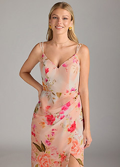 Azazie Leo Jurken voor bruidsmeisjes Jurk van Chiffon met Zeemeermin V-hals geplooid Abstract Boeket Bloemen image5