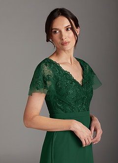 Azazie Singer vestidos de madre de la novia Vestido de Verde Oscuro de Gasa de Corte En A con Encaje Cuello V image5