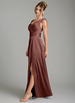 Azazie Karina Bridesmaid Dresses Espresso A-Line Pleated Stretch Satin Dress image3