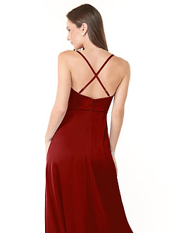 Azazie Naomie Bridesmaid Dresses Pomegranate A-Line Cowl Neckline Side Slit Stretch Satin Dress image3