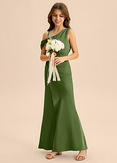 Azazie Madelyn Junior Osłona Zza ramienia Satyna elastyczna Długość podłogi Młodsza druhna Sukienka image5