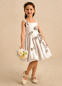 Azazie Lillian Flower Girl Dresses White Alabaster Ball-Gown Pleated Matte Satin Dress image4