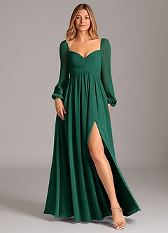 Azazie Alia Bridesmaid Dresses Emerald A-Line Long Sleeve Chiffon Dress image1