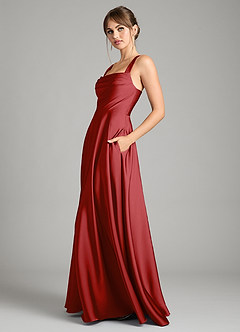 Azazie Shaude Bridesmaid Dresses Pomegranate A-Line Pleated Stretch Satin Dress image4
