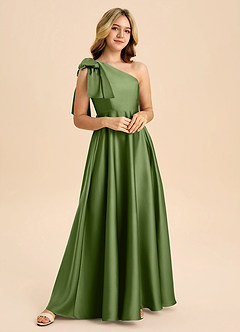 Azazie Penguin Junior Vestido de Enebro de Satén Elástico de Corte en A con Lazo image4