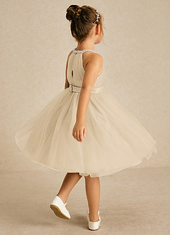 Azazie Honey Flower Girl Dresses Champagne A-Line Beaded Matte Satin Dress image4