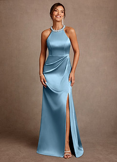 Azazie Lawrence 신부의 어머니 드레스 A라인 주름진 스트레치 새틴 플로어 길이 드레스 image1