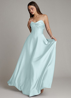 Azazie Meleena Bridesmaid Dresses Sea Glass A-Line Strapless Stretch Satin Dress image5