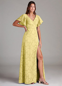 Azazie Ambrosia Jurken voor bruidsmeisjes Jurk van Bloemen Burn-out met A-Lijn Geplooid Kanarie image3