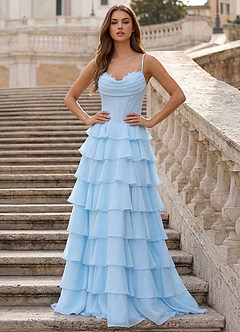 Floralace Sky Blue Ruffled A-line Prom Dress image2