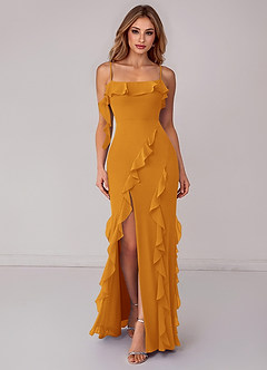 Azazie Malia Bridesmaid Dresses Butterscotch Sheath Ruched Chiffon Dress image1