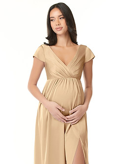 Azazie Allessia Vestidos de dama de honra para maternidade Vestir Linha A Plissado Comprimento do chão Cetim elástico image5