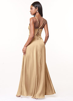 Azazie Maksim Robes de demoiselle d'honneur Robe Trapèze en Satin extensible Col en V Champagne image2