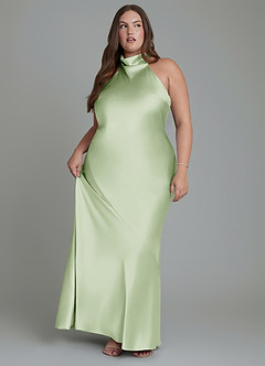 Azazie Velli Bridesmaid Dresses Dusty Sage Sheath High Neck Metallic Satin Dress image5