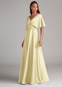 Azazie Pamela Vestidos de damas de honor Vestido de Sorbete De Limón de Satén Elástico de Corte en A con Plisado image4