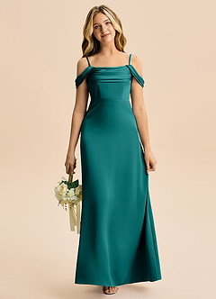 Azazie Lettie Junior A-Line Off-Shoulder Stræk satin Gulv-længde Junior brudepige Kjole image2