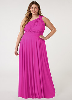 Azazie Charlize Vestidos de damas de honor Vestido de Fucsia de Malla de Corte en A con Hombro unilateral image6