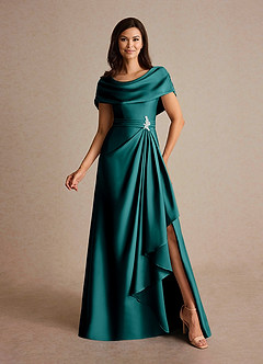Azazie Branford Mother of the Bride Dresses Peacock A-Line Pleated Stretch Satin Dress image1