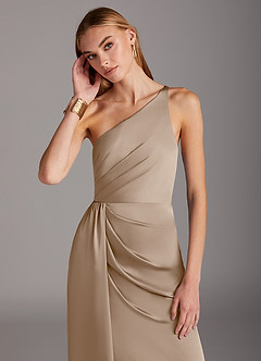 Azazie Mika Jurken voor bruidsmeisjes Jurk van Stretch Satijn met Kolom One-Shoulder Taupe image6
