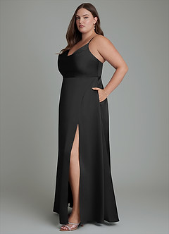 Azazie Sarella Vestidos de damas de honor Vestido Negro de Satén Elástico de Línea A con Plisado image7