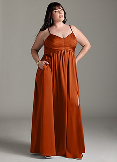 Azazie Alia Vestidos de damas de honor Vestido de Naranja Quemada de Satén Elástico de Corte en A con Plisado image11