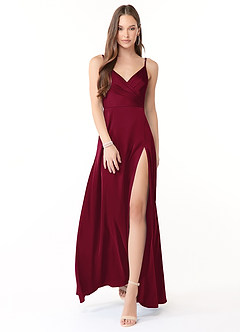 Azazie Dalilah Bridesmaid Dresses Burgundy A-Line V-Neck Pleated Stretch Satin Dress image1
