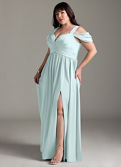 Azazie Lianne Bridesmaid Dresses Sea Glass A-Line Off the Shoulder Stretch Satin Dress image13