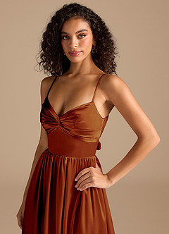 Azazie Zeya Bridesmaid Dresses Auburn A-Line Pleated Metallic Satin Dress image3