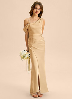 Azazie Madelyn Junior Robe Fourreau en Satin extensible Épaule décolletée Or image4