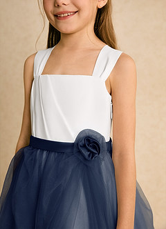 Azazie Bonny Flower Girl Dresses Ivory Dark Navy Ball-Gown Pleated Tulle Dress image8