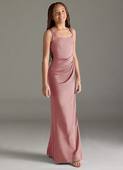 Azazie Mero Junior Vestido de Rosa Polvorienta de Satén Elástico de Sirena con Plisado image3