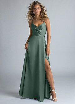 Azazie Davis Bridesmaid Dresses Sea Moss A-Line Pleated Stretch Satin Dress image2