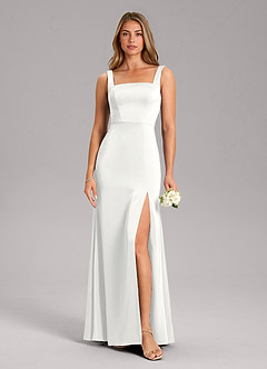 Azazie Frostine Vestidos de damas de honor Vestido de Blanco de Satén Elástico de Corte en A con Lazo image3