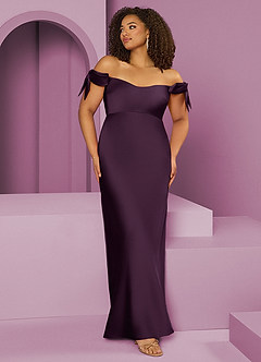 Barbie ♥ Azazie Bridesmaid Dresses Plum Sheath Off the Shoulder Stretch Satin Convertible Dress image1