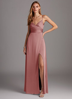 Azazie Calissa Bridesmaid Dresses Dusty Rose A-Line V-Neck Pleated Stretch Satin Dress image1