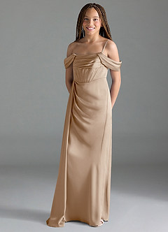 Azazie Amyra Junior Taupe Sheath Off the Shoulder Stretch Satin Dress image4