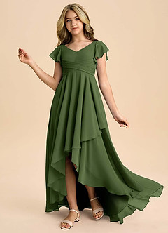 Azazie Caria Junior Olive A-Line Pleated Chiffon Dress image1