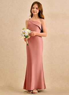 Azazie Almond Girls Formal Jurken voor bloemenmeisjes Kokerjurk Jurk van Stretch Satijn One-shoulder Zalm Roze image3