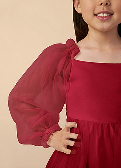 Azazie Aya Blumenmädchenkleider A-Linie mit ärmel Tüll Kleid Scharlachrot image3