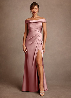 Azazie Bedford 신부의 어머니 드레스 쉬스 주름진 스트레치 새틴 플로어 길이 드레스 image1